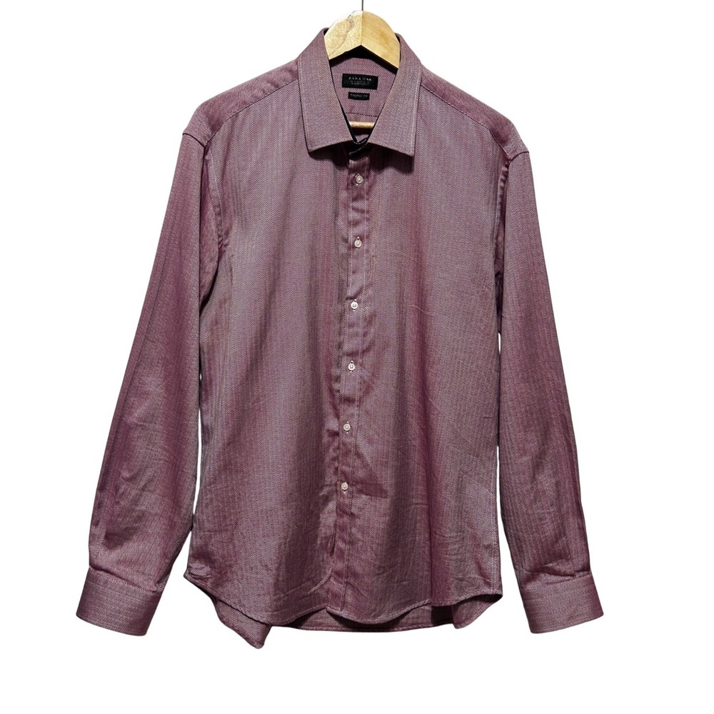 Zara Man Mens Button Shirt‎ L Maroon Textured Herringbone Tailored Modern Fit